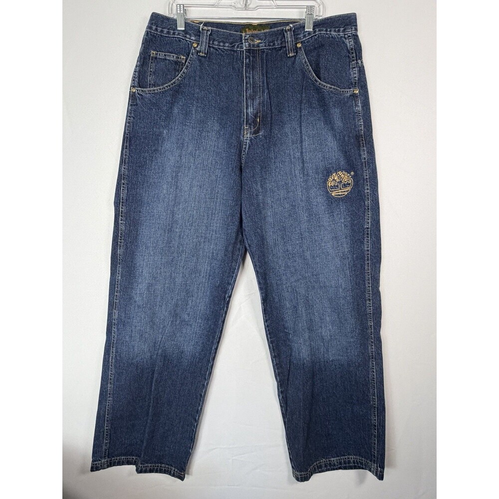 Timberland Men’s Jeans 38x32 Blue Relaxed Straight Denim Logo 100% Cotton